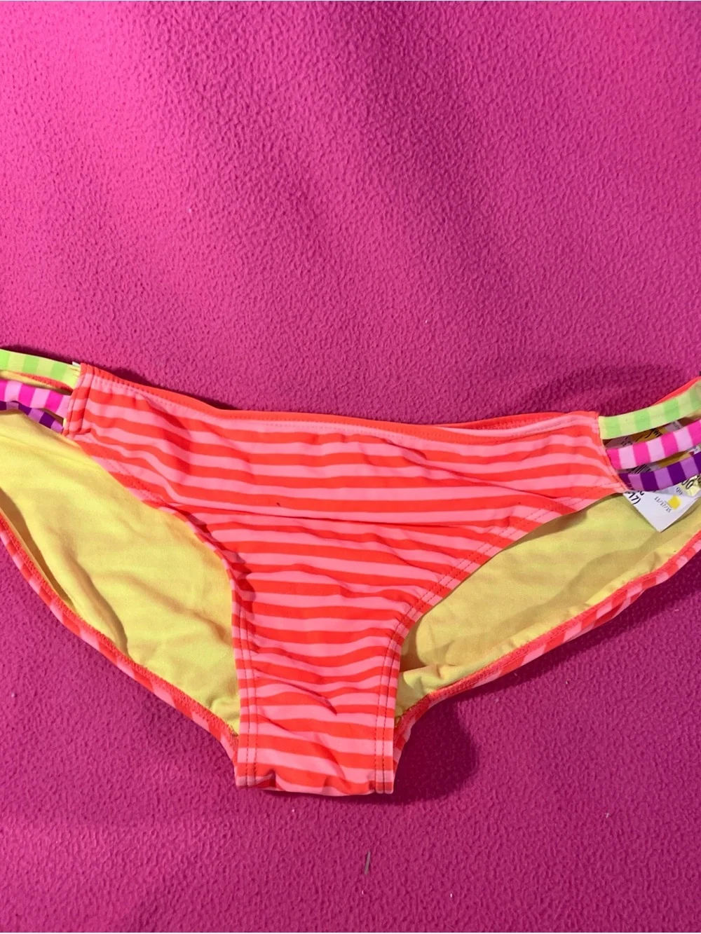 OP Bright Coral Pink and Yellow Striped Kids Swim Trunks